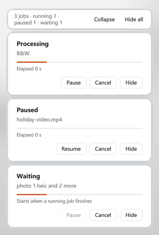 Three stacked progress cards: one processing with Pause, Cancel and Hide buttons, one paused with Resume, and one waiting for a running job to finish.