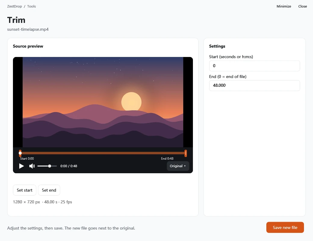 The DropDial trim tool window, with a video preview, a timeline with orange start and end handles, playback controls and start and end time fields.